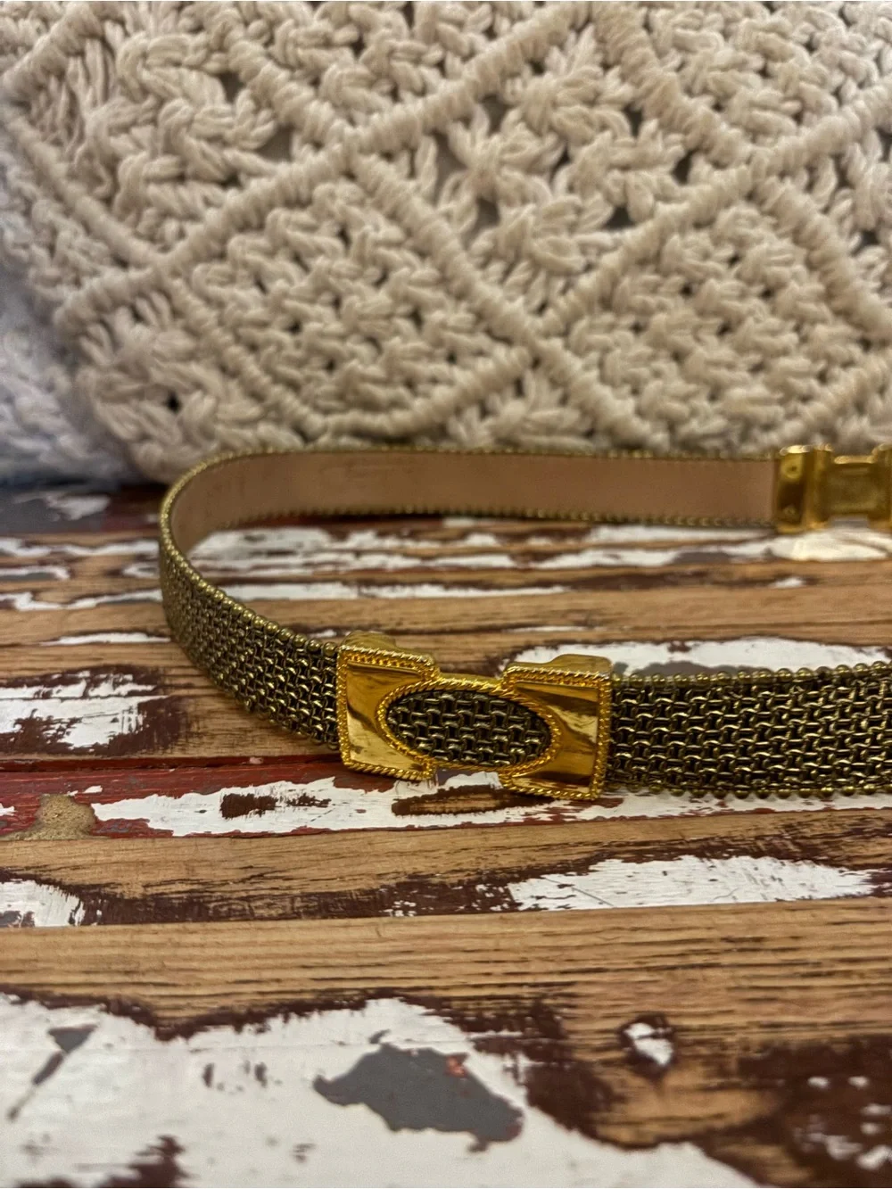 Gold Braided Chain Belt with Leather Trim - Designer Style Xs